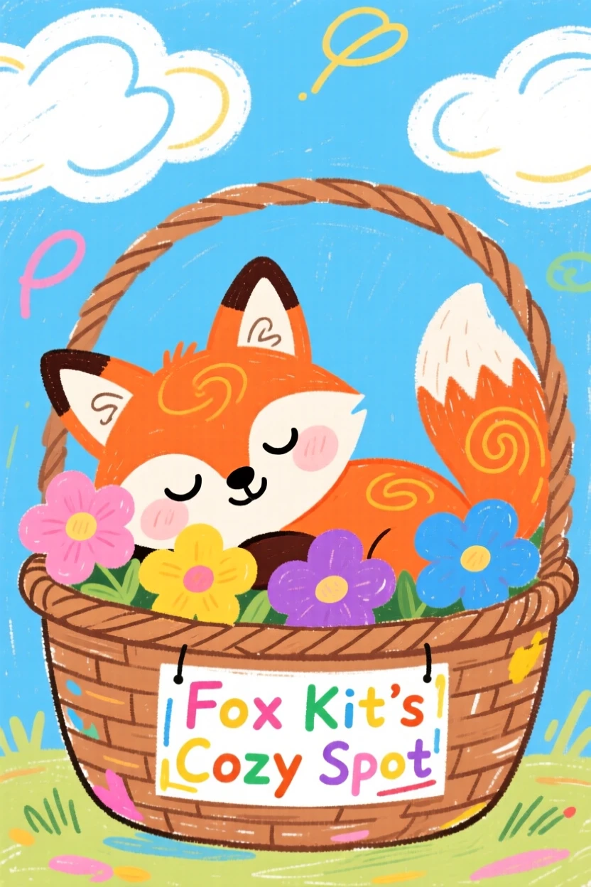 A curious fox kit napping in a basket of soft flowers.