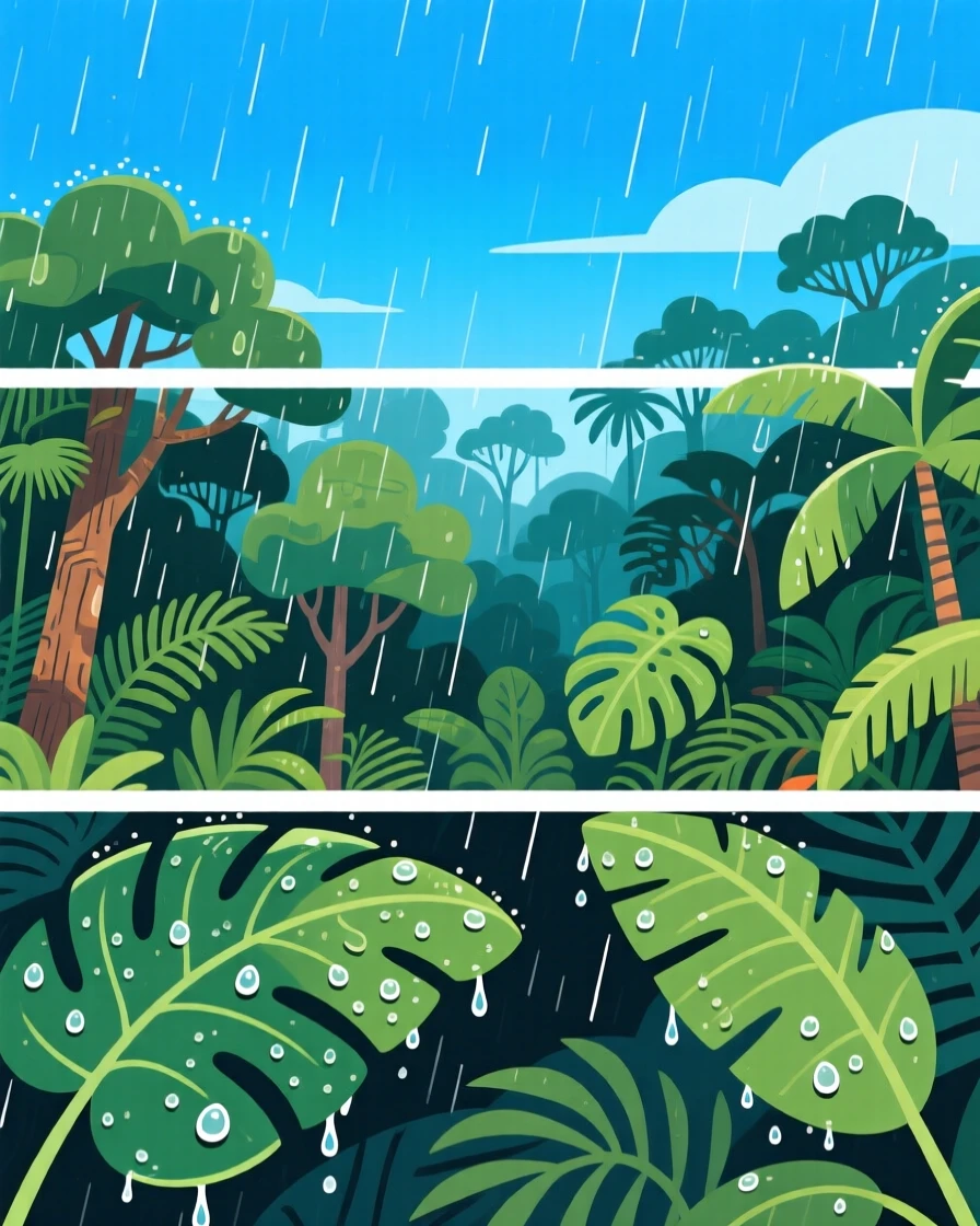 A tropical rainforest canopy dripping with morning rain, beneath a vivid blue midday sky, arranged with a clear foreground, midground, and background, with a fresh, crisp clarity that highlights every detail.