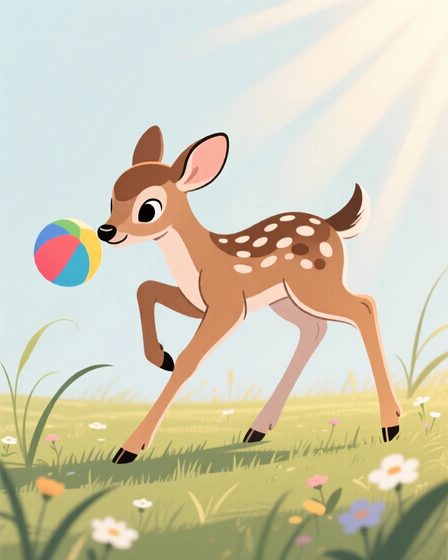 A playful fawn playing with a ball in a sunny meadow.