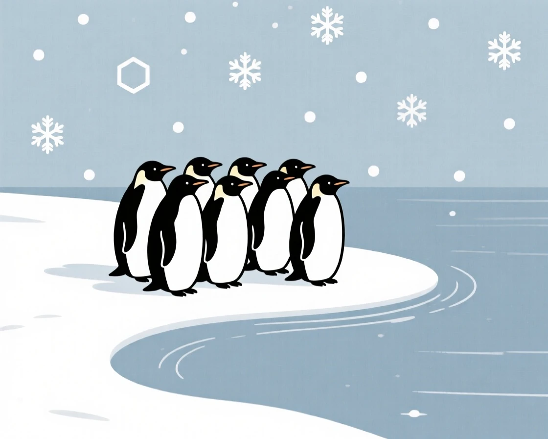 A curious penguin colony pausing in a lakeside shore, with falling snowflakes in the background, radiating gentle curiosity.