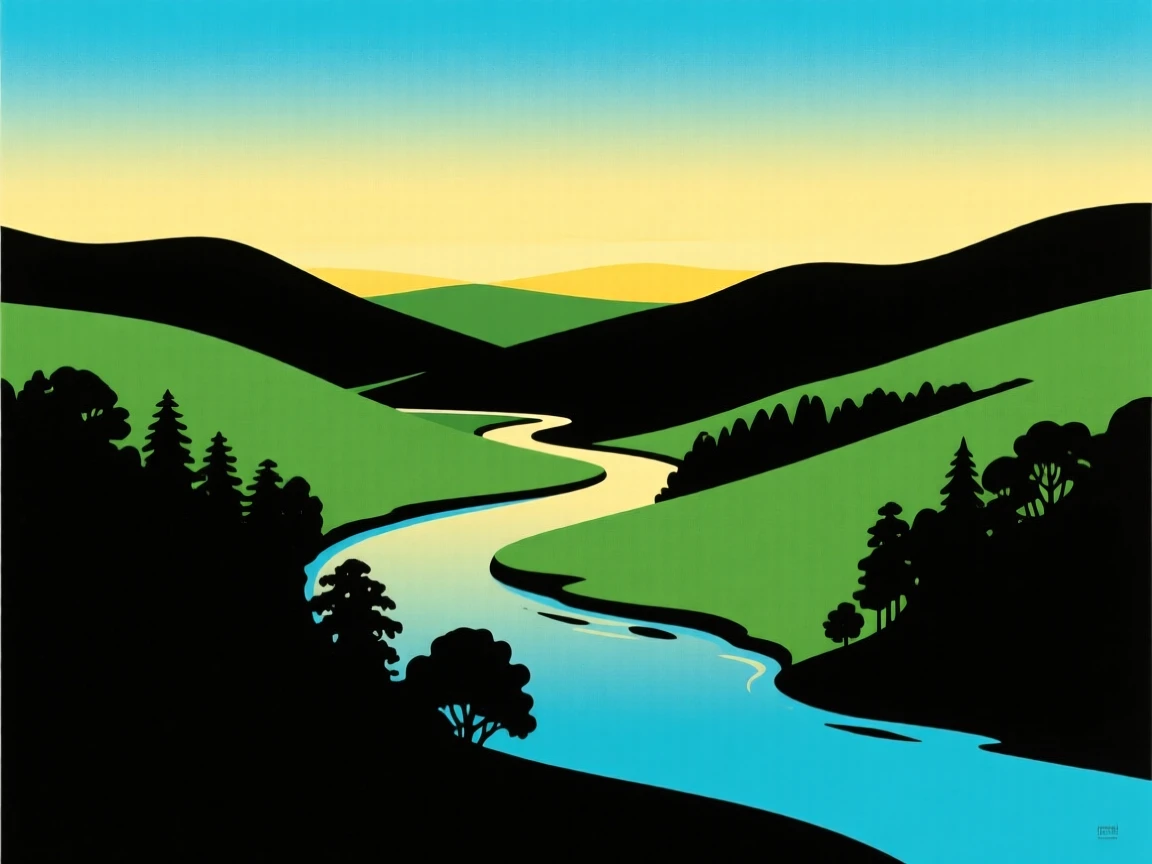 A river winding lazily through a lush green valley.
