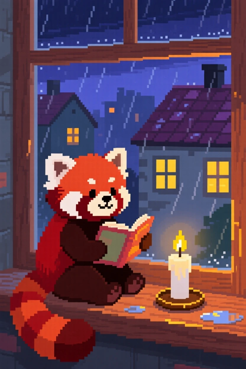 A young red panda reading a tiny picture book by candlelight, on a windowsill overlooking a rainy town.