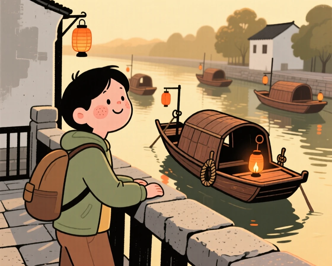 A traveler pauses on a stone terrace overlooking a canal lined with old boats, watching lanterns being lit one by one as the golden afternoon light settles over the scene.