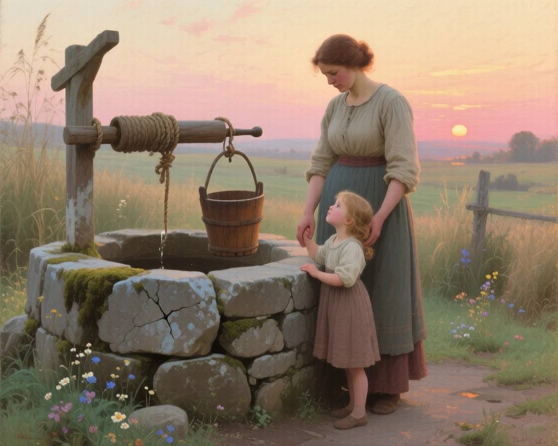 A well-framed scene of a mother and her daughter beside an old stone well, marked by weary resilience, just after sunrise.