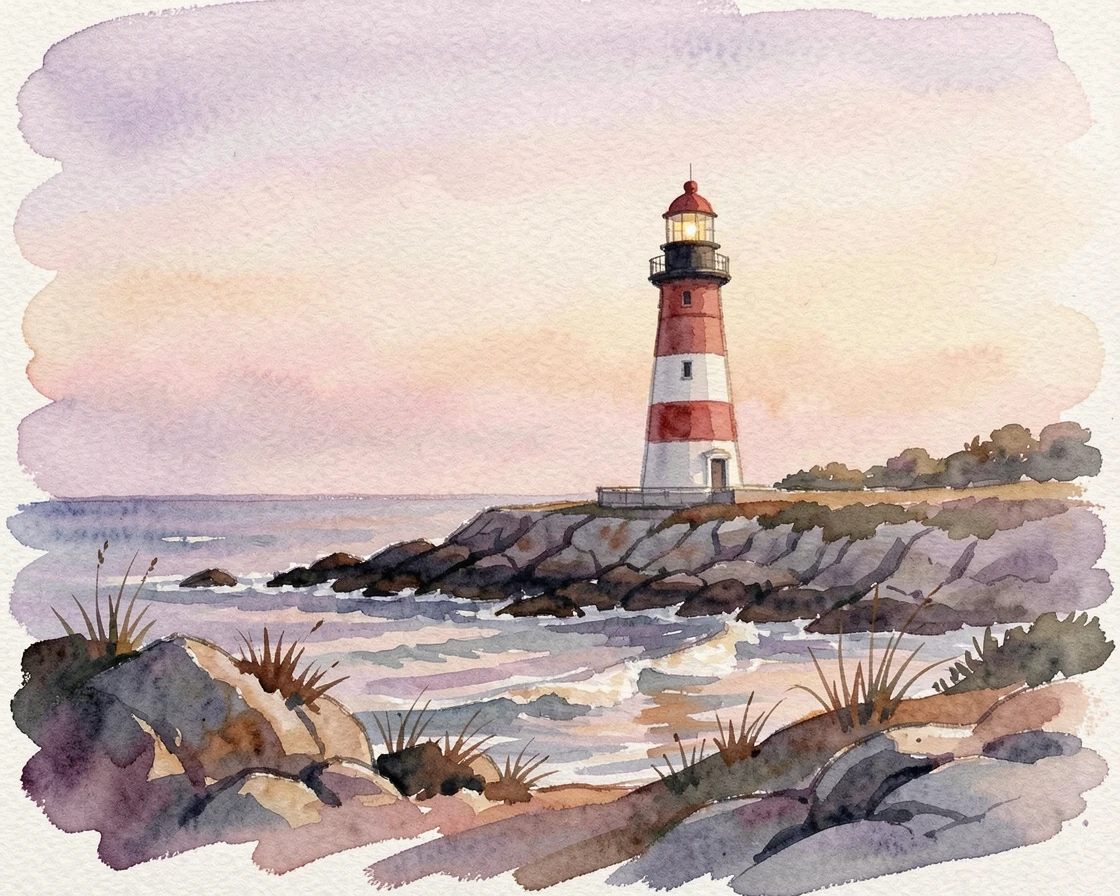 A lighthouse standing peacefully against a calm evening sky with a gentle, restorative stillness.