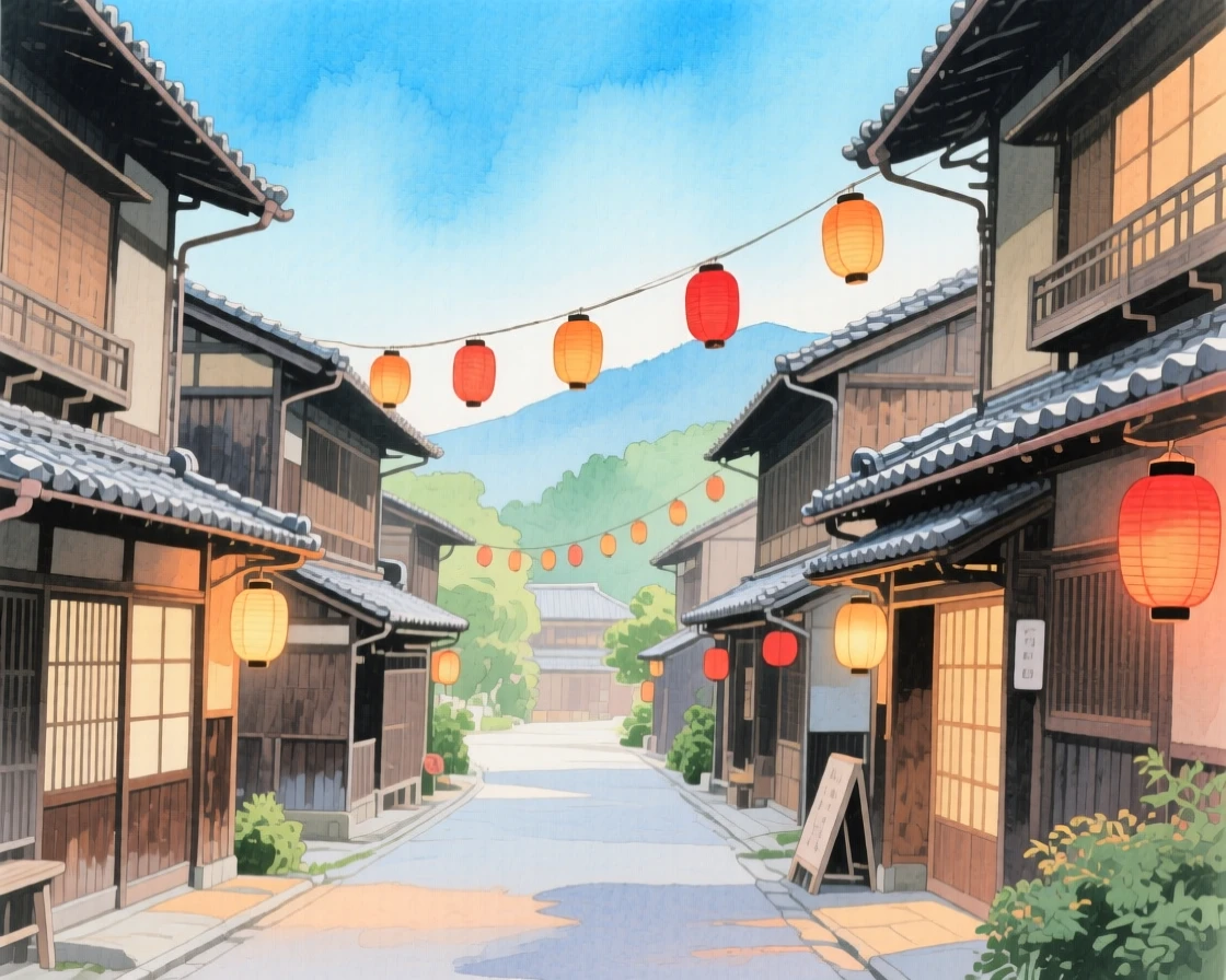 A picturesque view of a Japanese hot spring town with lanterns strung between old buildings, beneath a clear blue sky