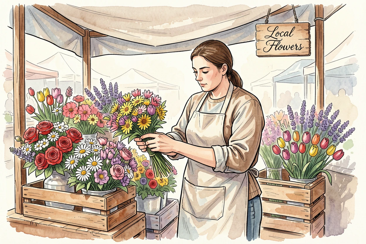 A street vendor arranging fresh flowers into colorful bouquets at an outdoor market stall