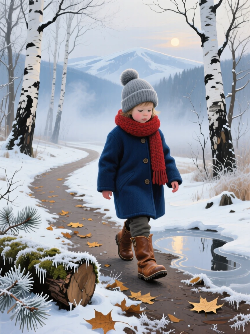 a child in boots following a woodland path, on a still winter afternoon, with layered visual detail from foreground to horizon.