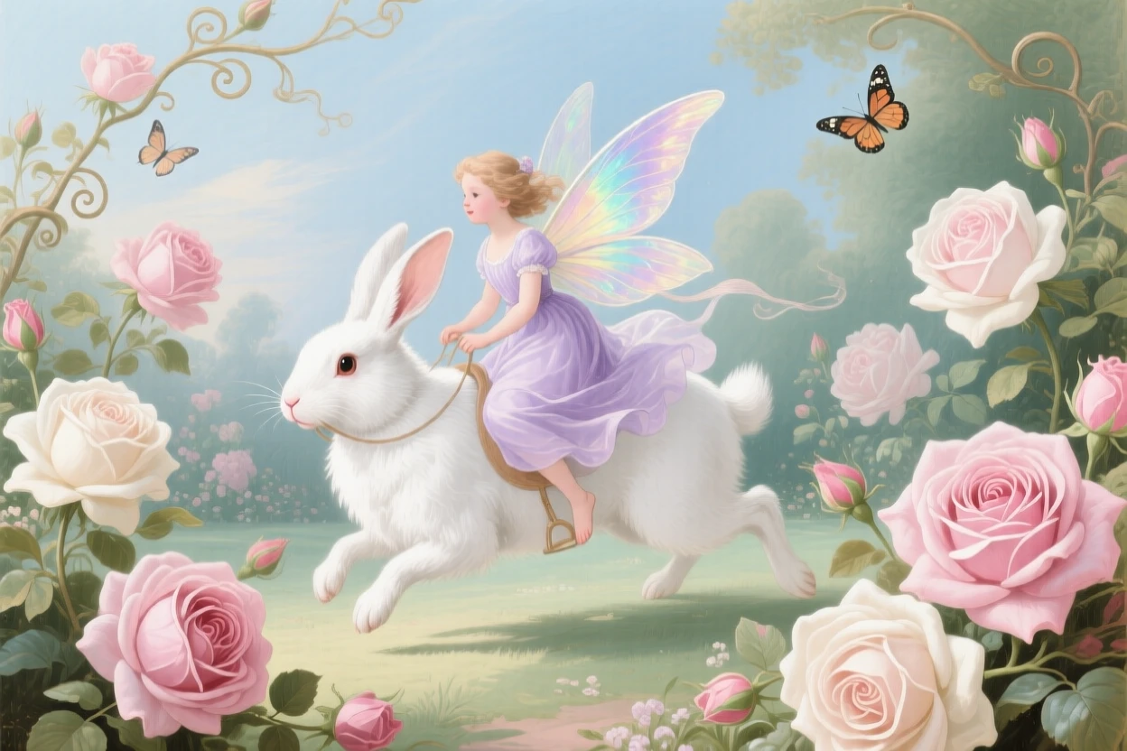 A fairy child riding a white rabbit through a garden of oversized roses  
