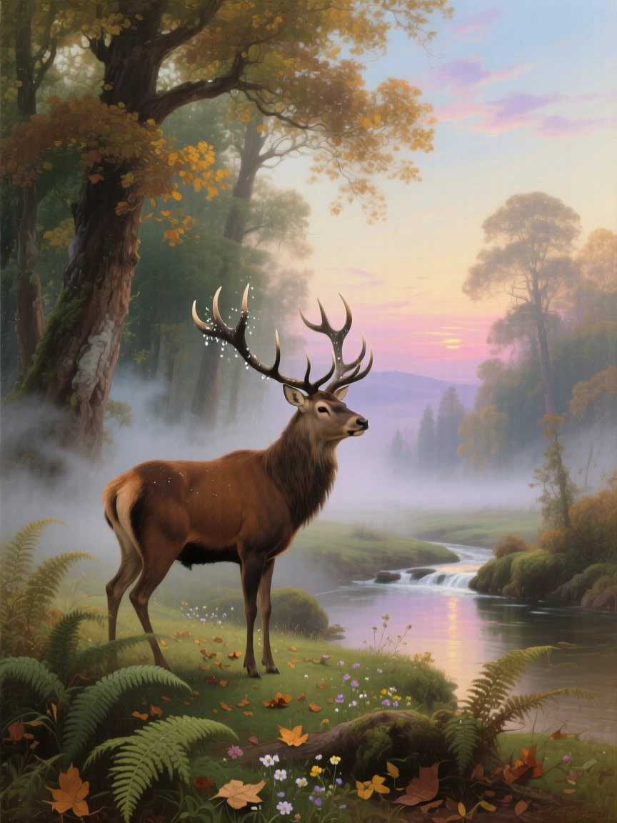 A stag stands proudly at the edge of a misty forest clearing.
