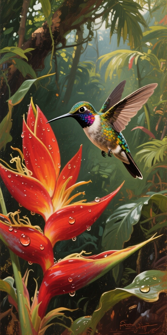 A hummingbird hovering beside a bright red tropical flower, with dramatic natural light catching every detail of its fur or feathers, celebrating the raw beauty and dignity of the animal kingdom