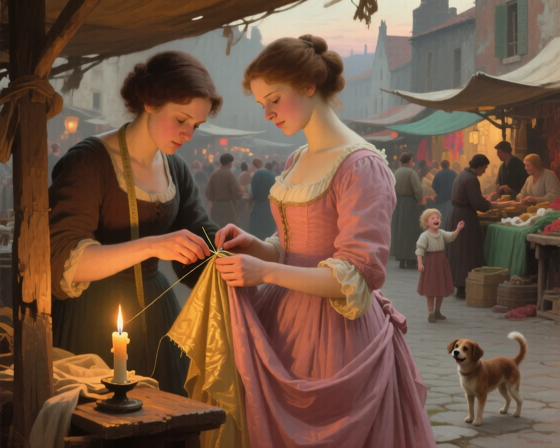 A seamstress carefully fitting a gown by candlelight as warmth and community shine through humble work, set within a bustling market square filled with color and life, with children's laughter and a stray dog weaving underfoot; a tight, intimate framing draws focus to hands and faces at work, filled with gentle humor, warmth, and community spirit.