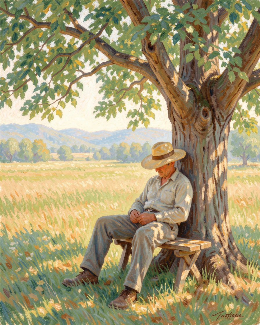 A farmer resting beneath a shade tree after a long day's work, his straw hat tipped over his eyes.