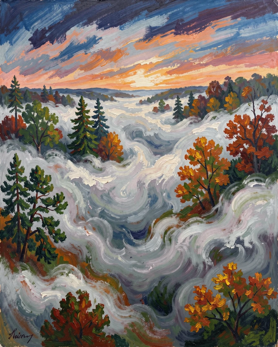 A dense fog rolling over a valley, only the tops of trees visible above the mist.
