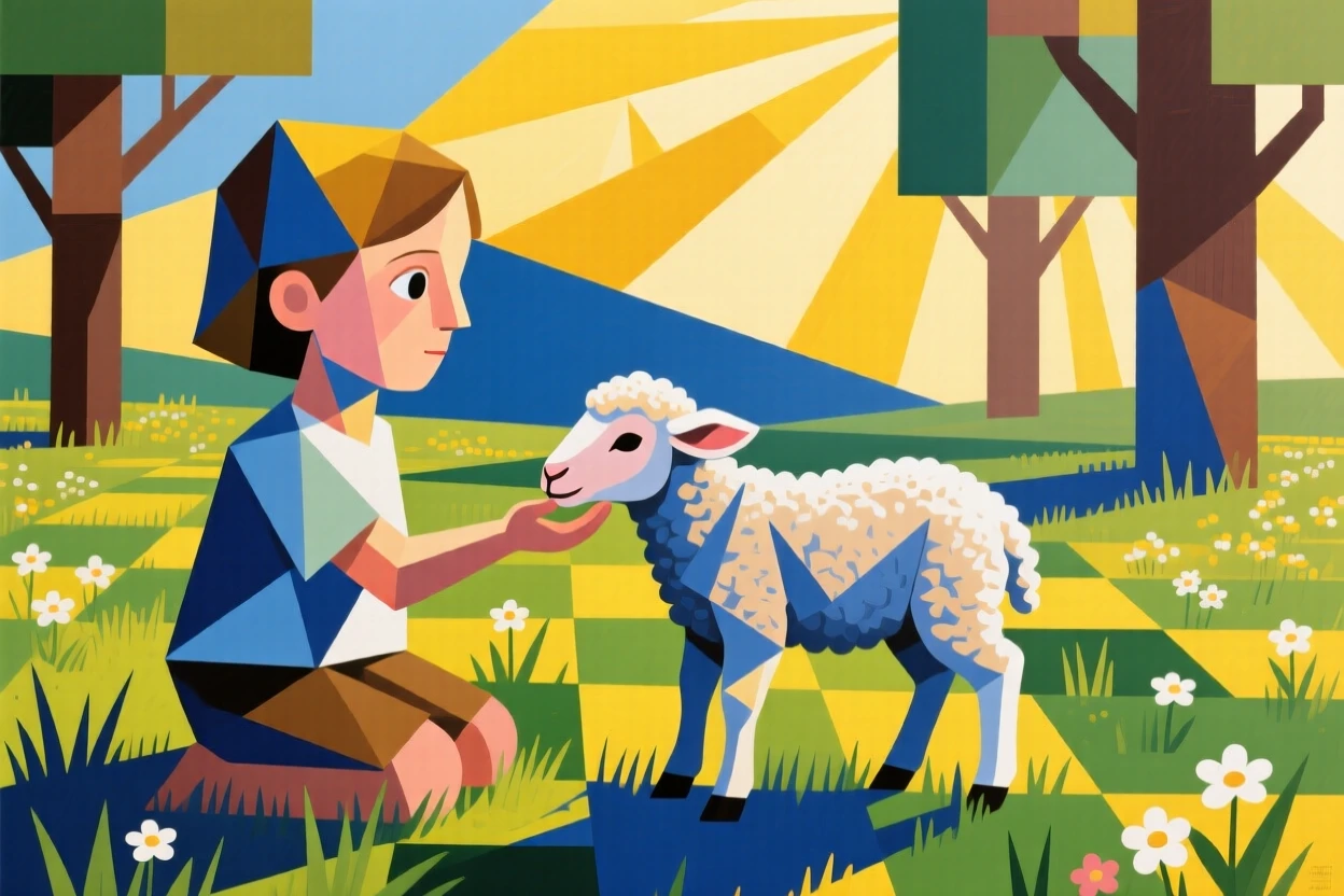 A child gently petting a newborn lamb in a sunlit spring pasture.
