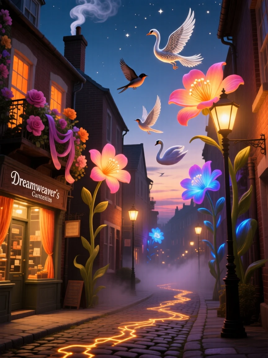 A city street where lampposts bloom like tall glowing flowers feels warm, familiar, and just slightly impossible, while smoke curls gently from a chimney into shapes of birds.