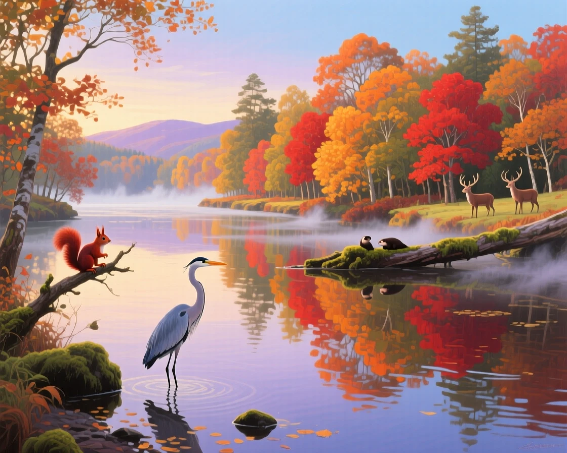 A quiet river in the Scottish Trossachs reflects autumn foliage in brilliant reds and golds, a heron standing motionless in the shallows at first light, with scattered wildlife visible moving quietly through the middle distance of the composition.
