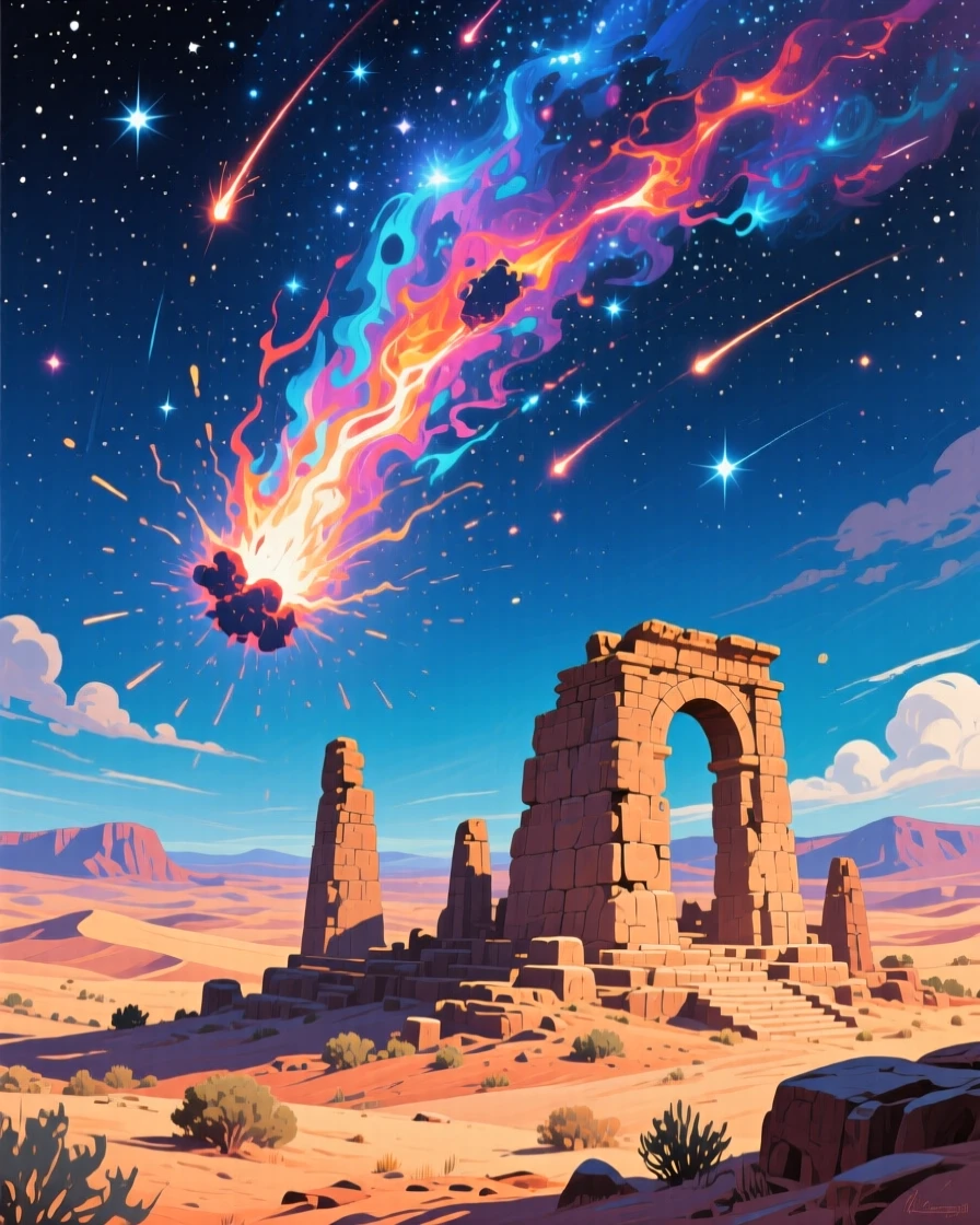 A meteor shower streaking across a star-filled desert sky above ancient stone ruins