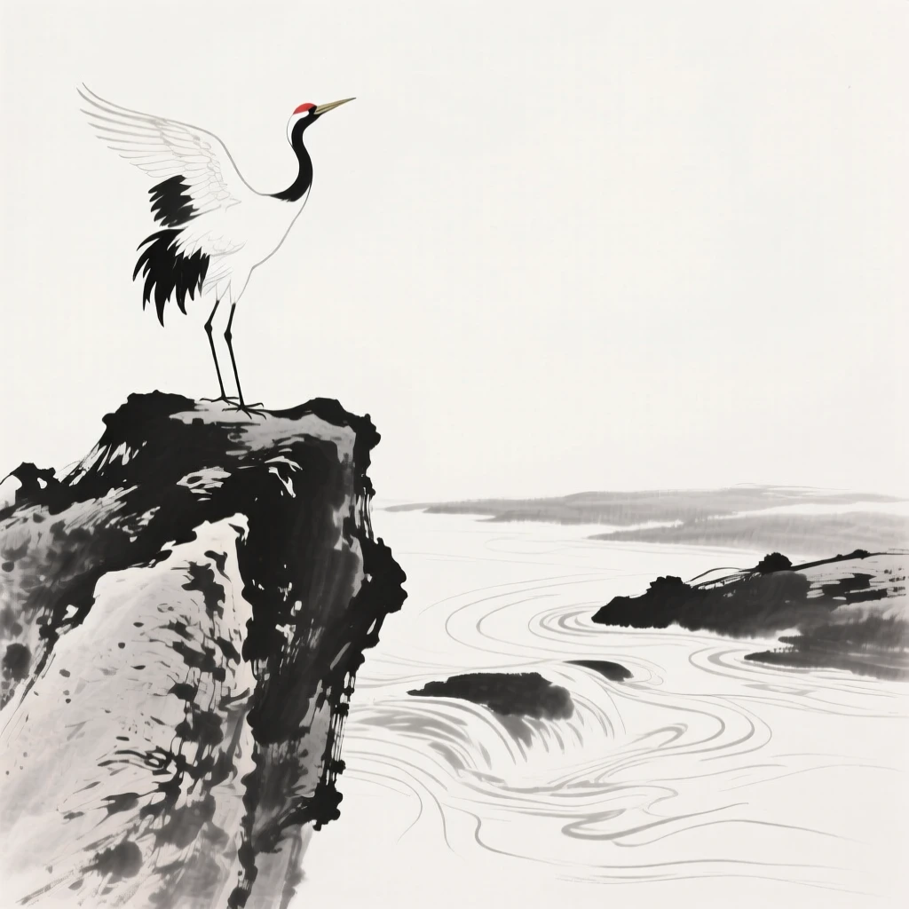 A crane stretches its wings on a rocky outcrop above a river, as ripples spread slowly across the water.
