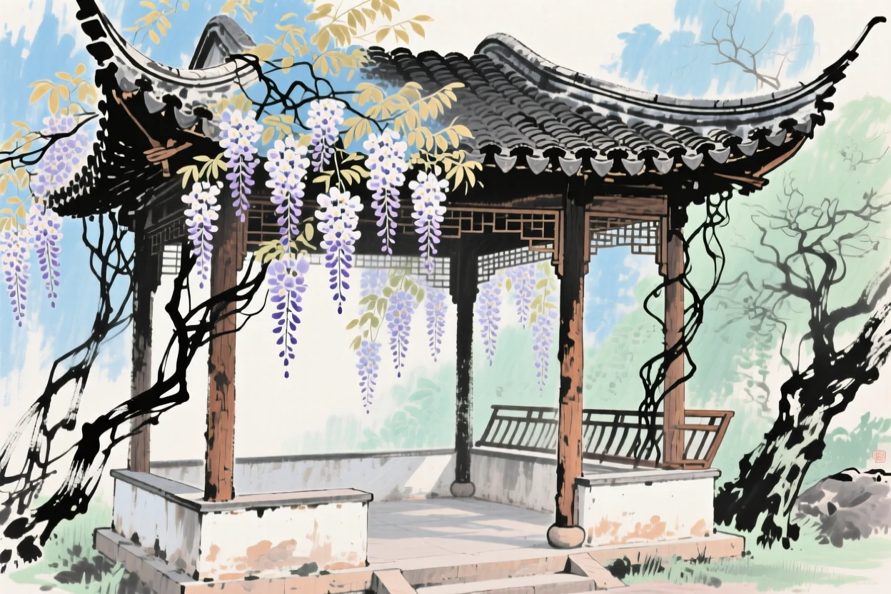An abandoned garden pavilion reclaimed gently by wisteria vines, imbued with timeless calm.