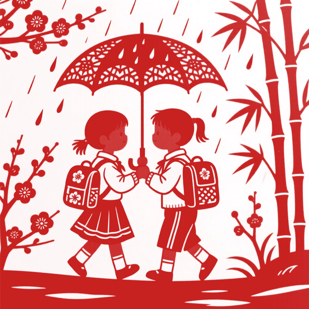 Siblings sharing an umbrella while walking home through a gentle spring rain, school bags on their backs