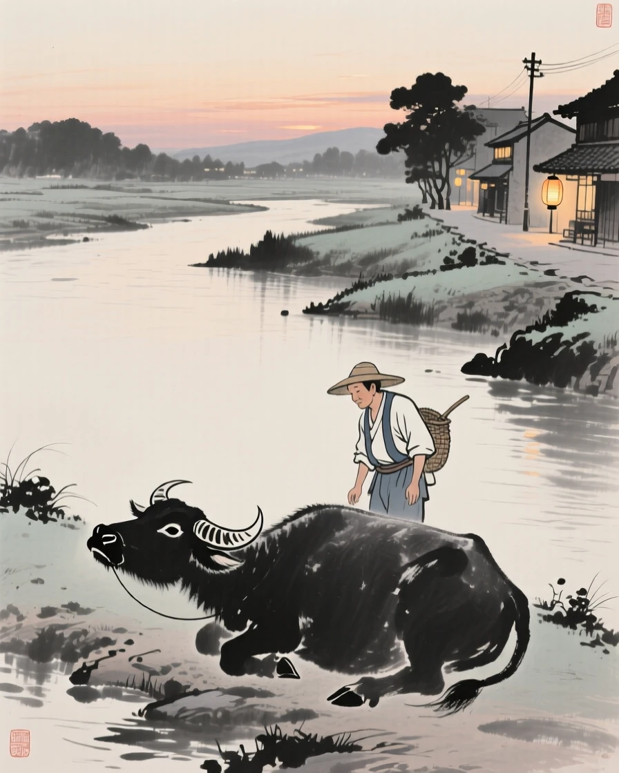 A farmer and his ox resting beside a quiet river along a lantern-lit street at dusk, framed small within a vast, quiet landscape, carrying a tender sense of familial warmth.