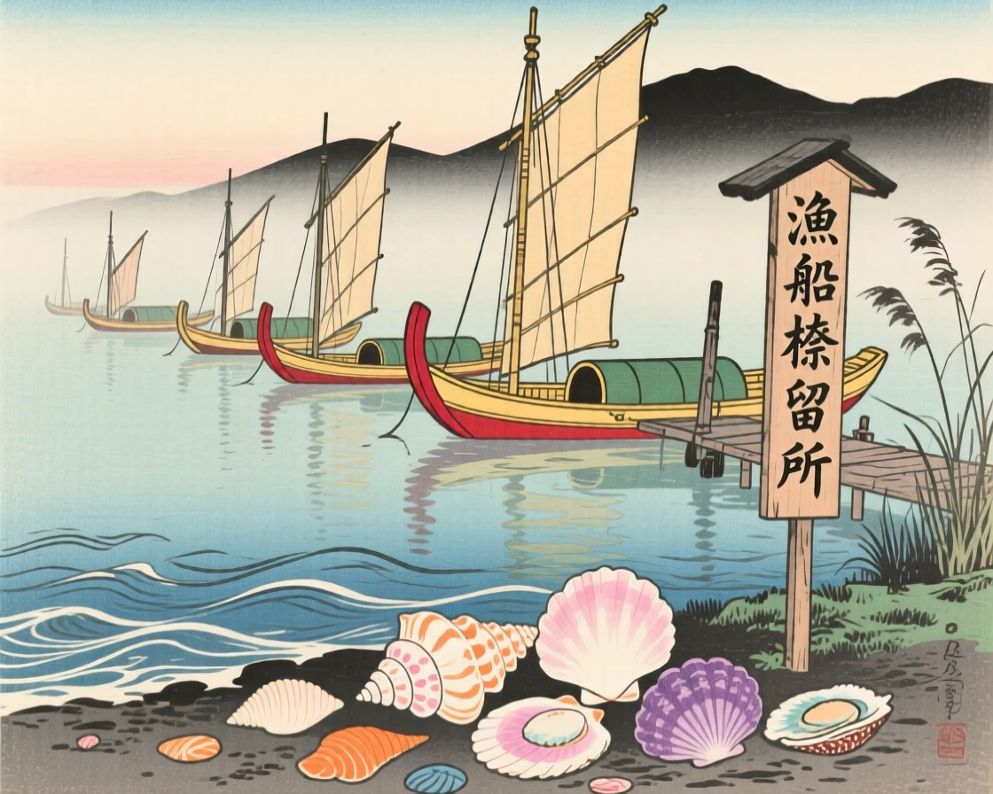 A row of anchored fishing vessels near a scatter of colorful shells, on a calm misty morning.