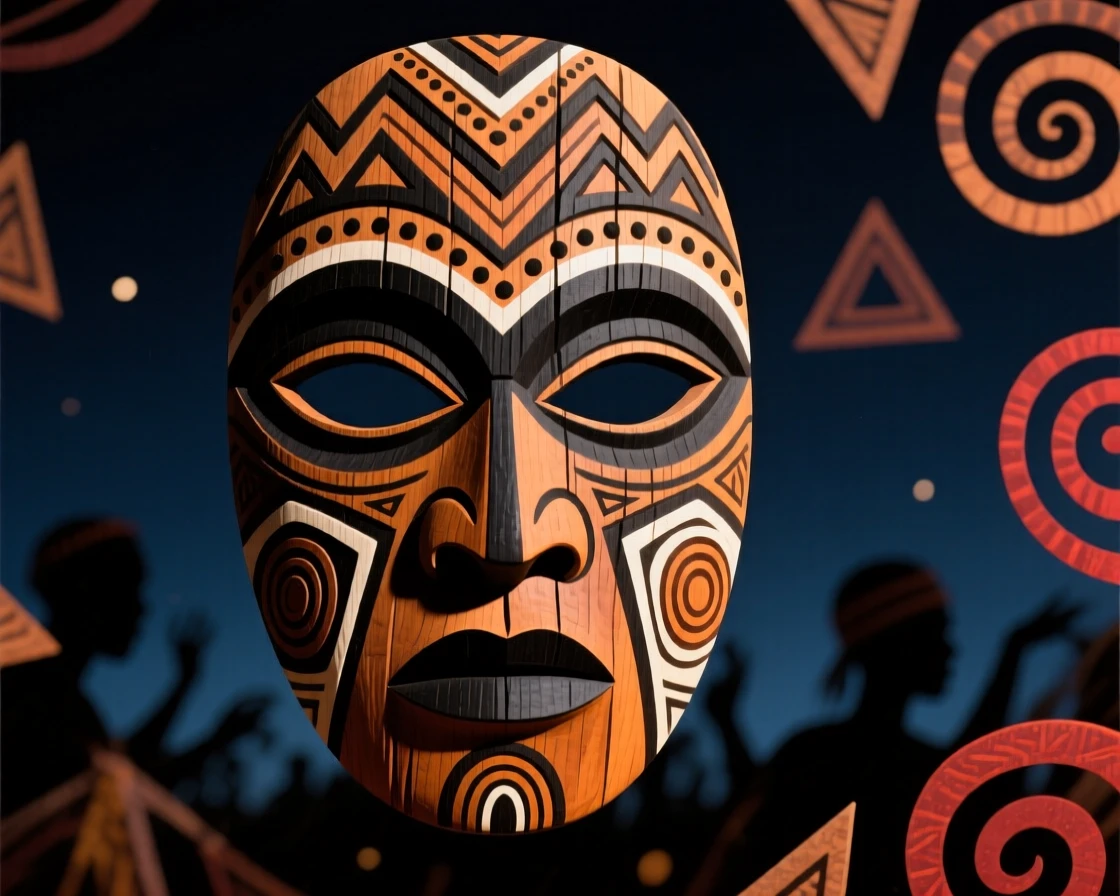 A carved wooden mask used in a nighttime ceremonial dance.