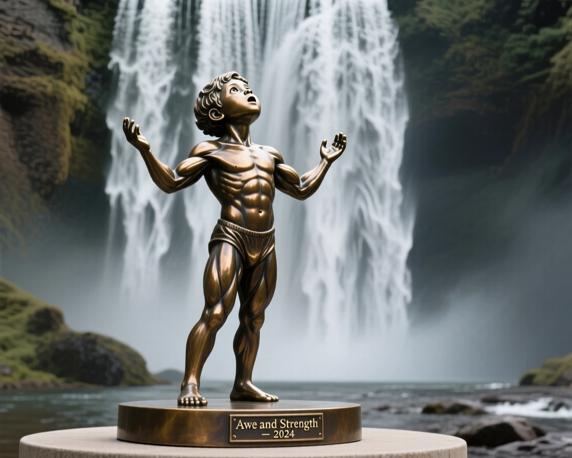 A child standing in awe before a towering waterfall, with muscles tensed in graceful strength, forming a strong central focal point