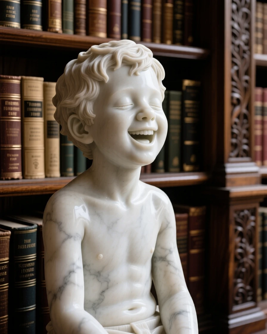 A tender portrait of a little boy, caught mid-laugh with eyes closed, in an old library filled with books, evoking warmth and humanity