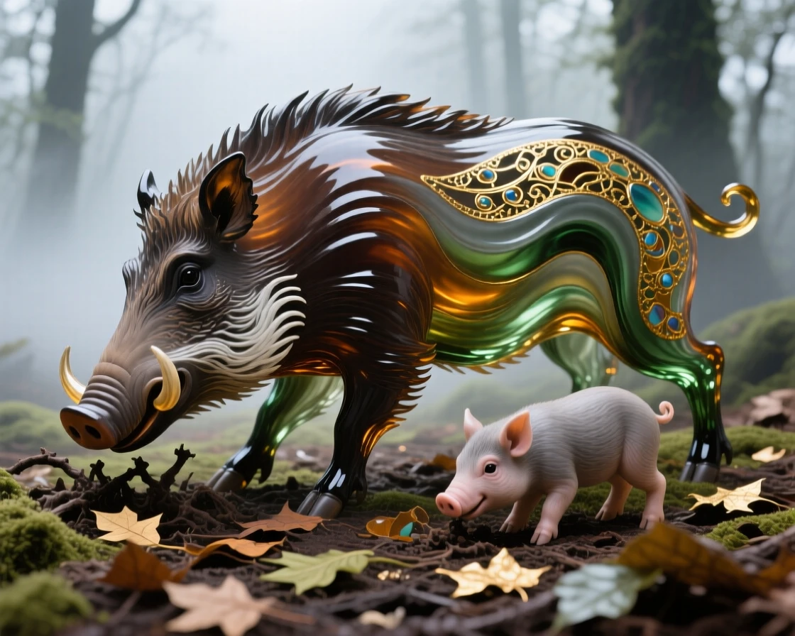 A wild boar family foraging through a misty forest floor, earthy and grounded.