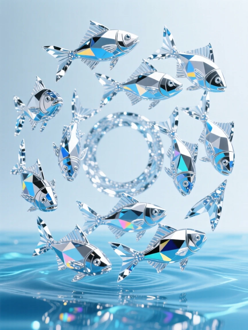 A school of silver fish forming a swirling vortex shape in clear blue water.