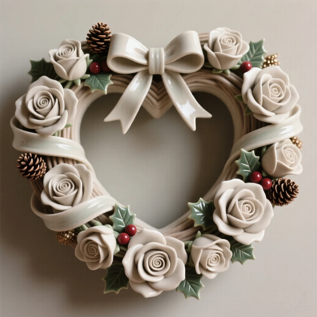 A heart-shaped wreath of roses for a loved one displayed as a heartwarming holiday accent, wrapped in ribbons and festive trimmings, capturing the magic of a beloved seasonal moment.