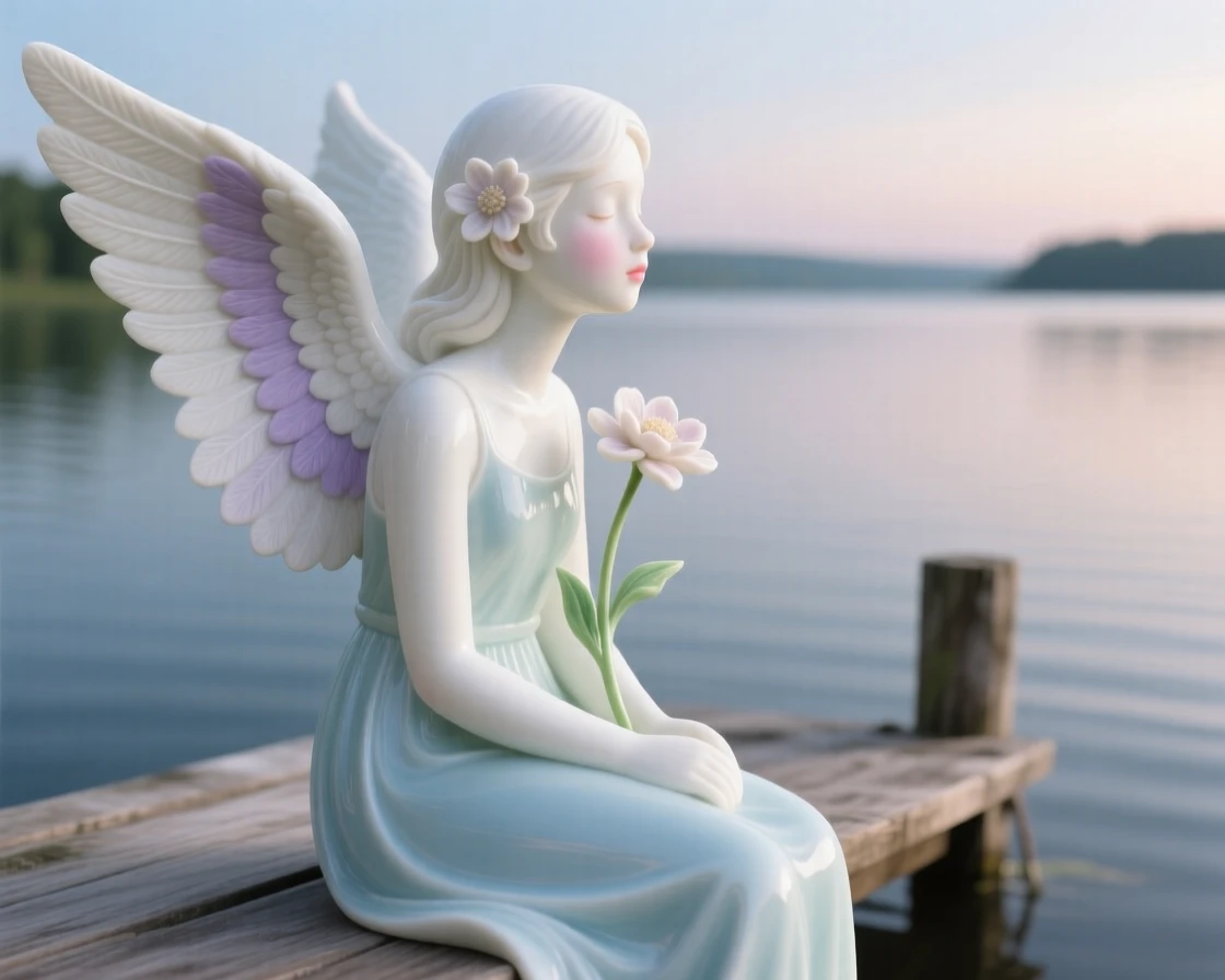A tranquil angel-winged girl gazing toward the horizon in a quiet lakeside dock, a single flower tucked behind her ear.