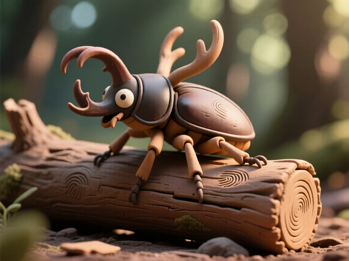 A stag beetle balancing on a fallen log in dappled forest light