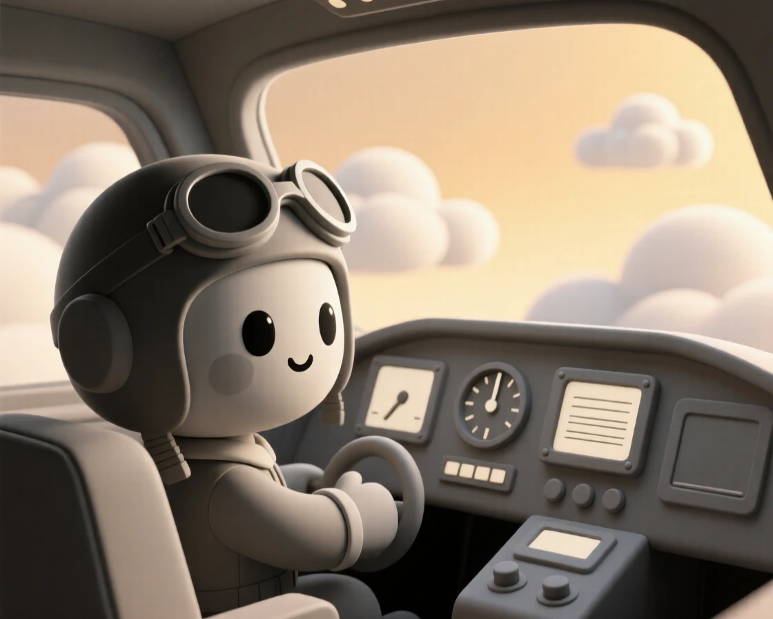 A determined pilot checks instrument panels inside a small cockpit, clouds drifting past the windshield at golden hour.