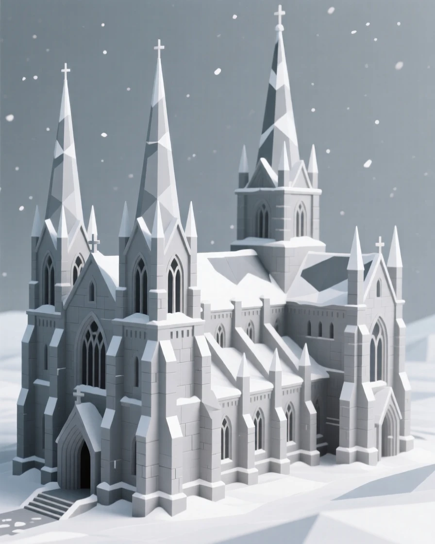 A grand cathedral with soaring stone spires, dusted lightly with fresh snow. fine architectural details are rendered with clarity. The mood feels romantic and picturesque.