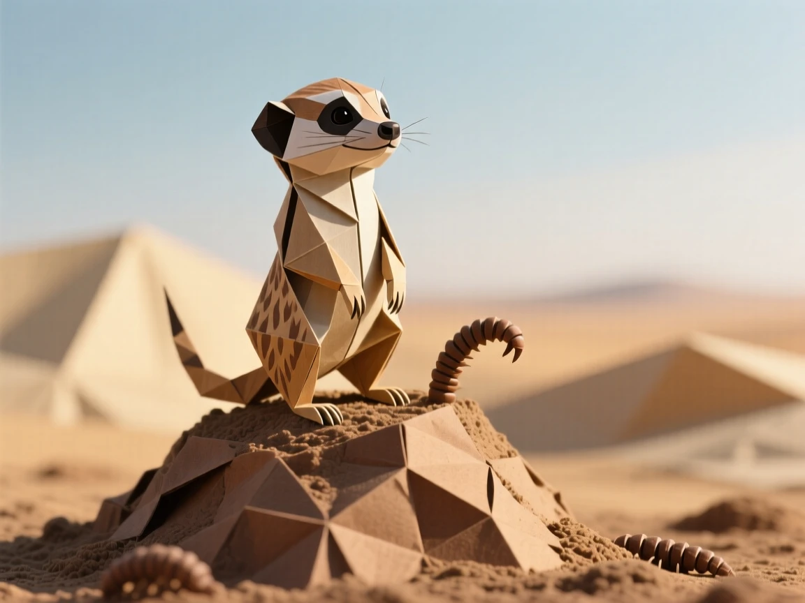 A curious meerkat pup standing on its hind legs atop a termite mound, scanning the horizon.