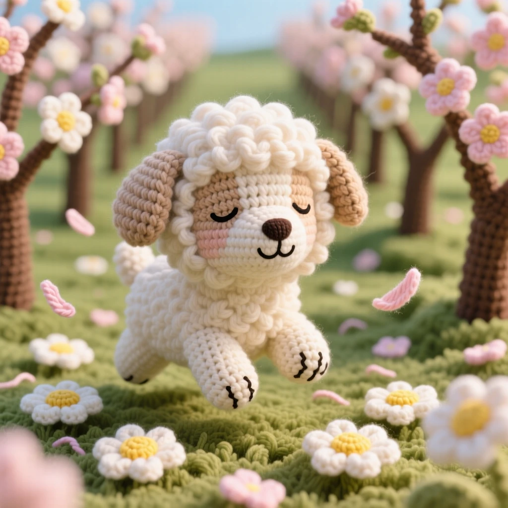 A heartwarming close-up of a fluffy baby sheepdog puppy, with a shaggy coat covering its eyes, bounding through a field of daisies in an orchard with rows of blossoming trees; a scattering of soft flower petals completes the scene, radiating a tender, sleepy softness.