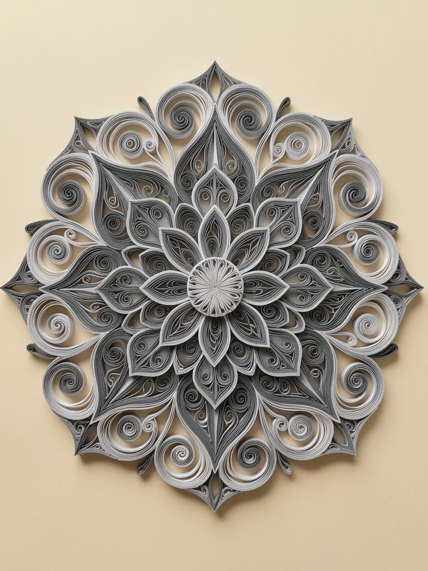an ornate mandala radiating from a central rosette, mounted on a champagne-colored panel, balanced with mirrored symmetry on both sides, in soft monochrome tones of dove grey.