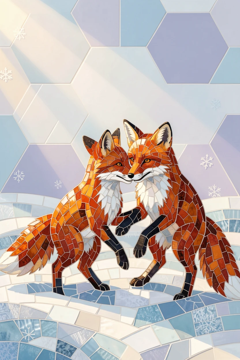 A peaceful pair of red foxes playing in a sunlit snowy clearing.