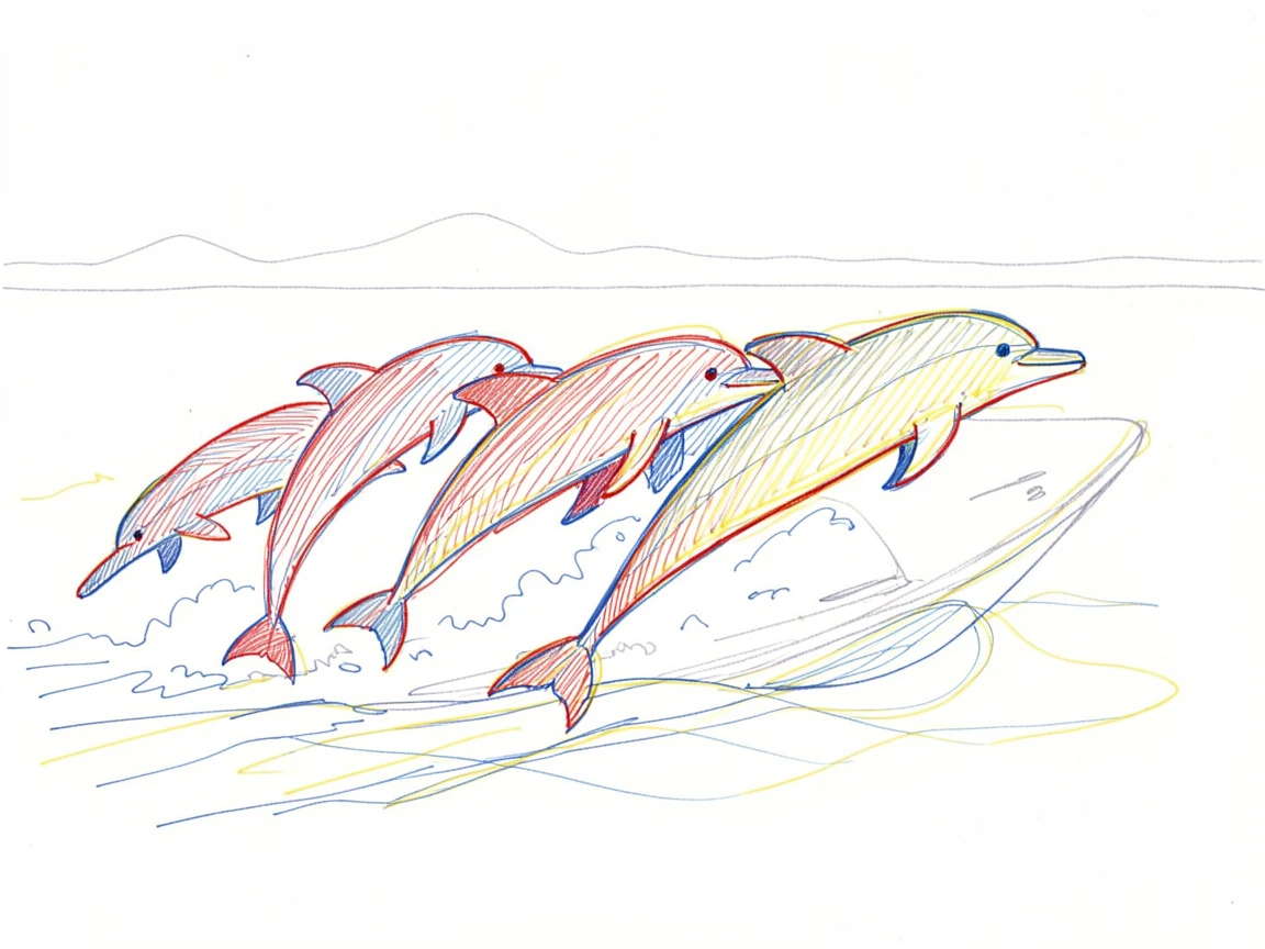 A pod of dolphins leaping in unison alongside a boat's wake