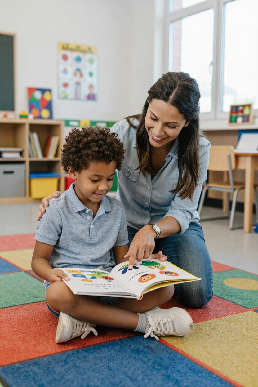 A teacher kneels to help a child sound out a word from a picture book.