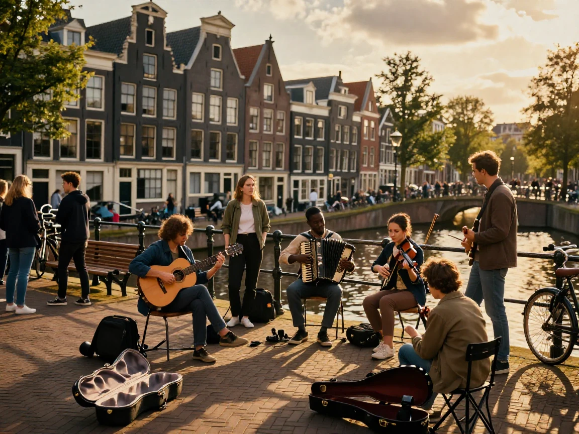 Travelers exploring a historic square filled with street musicians along a quiet canal in the Netherlands