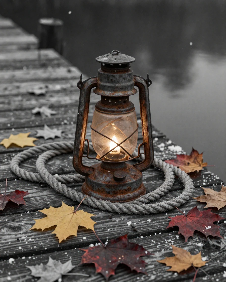 A rusted lantern beside a coil of rope on a weathered dock, under flickering candlelight, amid gently falling snow, as autumn leaves turn gold and red, with stark black-and-white contrast softened by a single warm hue, viewed from across the room.