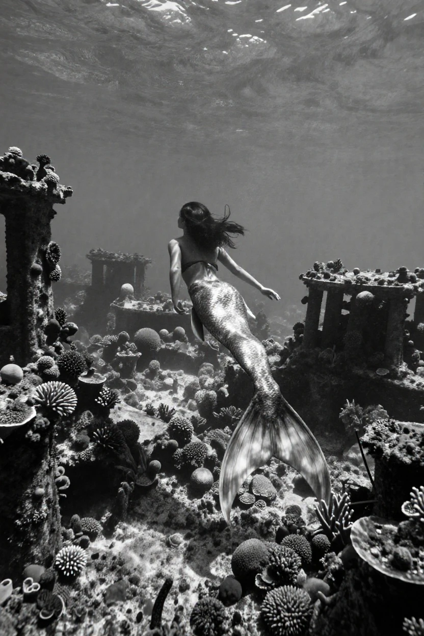 A mermaid swims gracefully among sunken ruins beneath a sunken coral city.