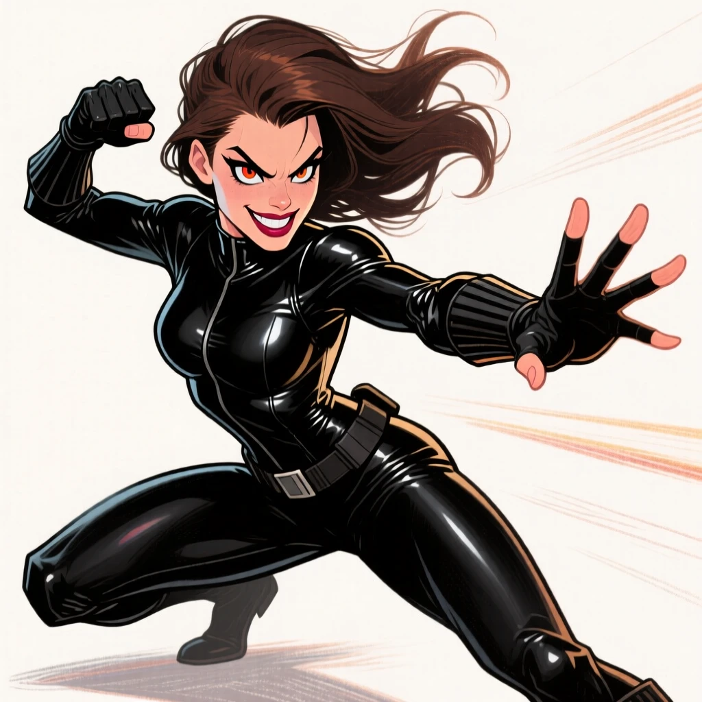 A fierce fictional female action hero in a leather jumpsuit, striking a dynamic combat pose.