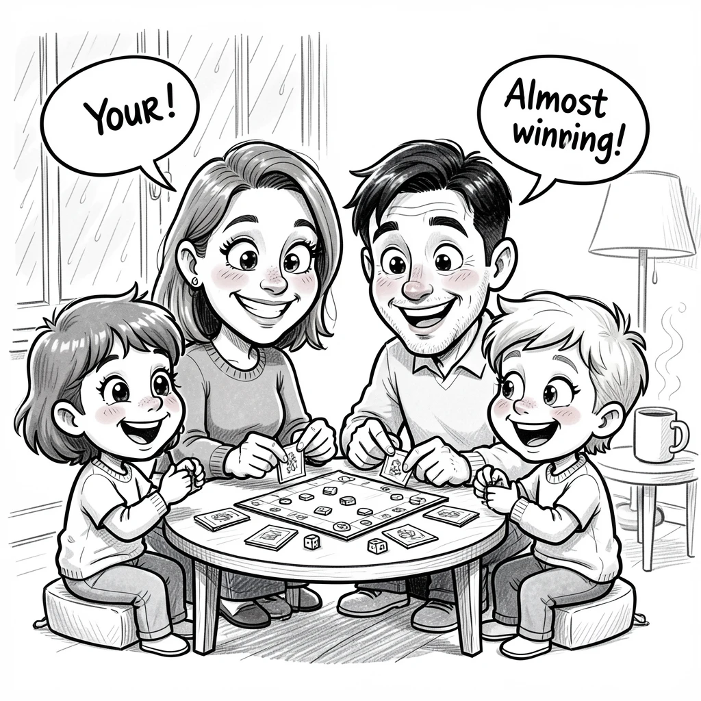 [Family & Relationship Moments] Heartwarming scene of a family playing board games together on a rainy afternoon, radiating love and warmth