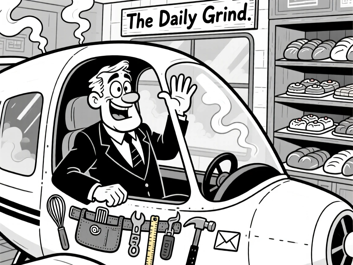 A sharp-dressed lawyer mid-argument, waving confidently from the cockpit window, set in a cozy bakery with steam-fogged windows. A tool belt jingles with mismatched gadgets. The scene celebrates the quiet heroism of everyday work.