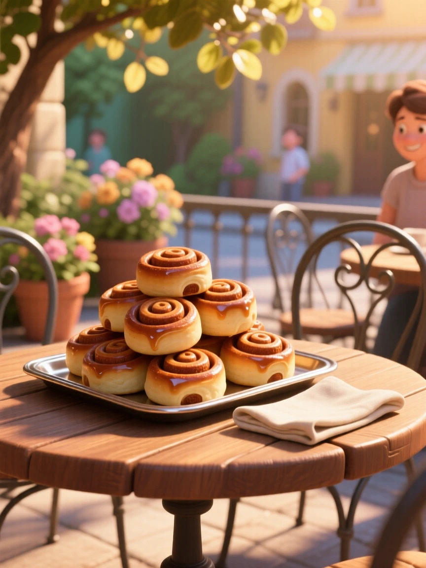 A tray of glazed cinnamon rolls sits at a sunny outdoor cafe table, next to a folded linen napkin. A comforting, homey feeling fills the moment.